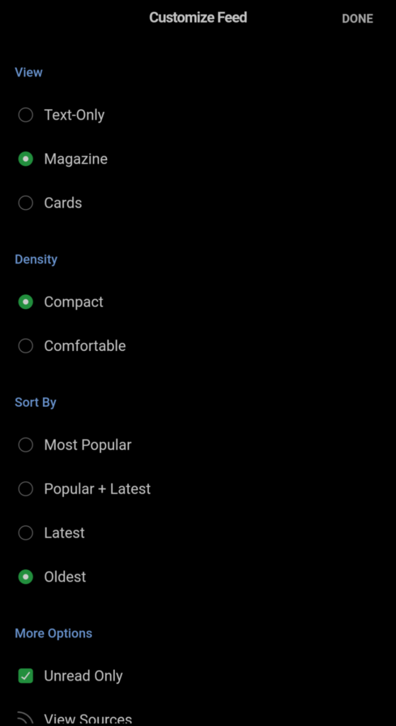 Feedly settings screenshot